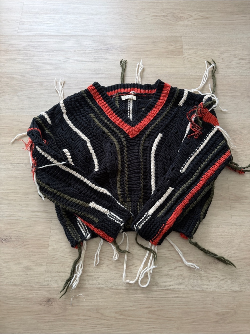 Elan Black V-Neck Distressed Stripe Knit Sweater with Red, Olive & Cream Accents